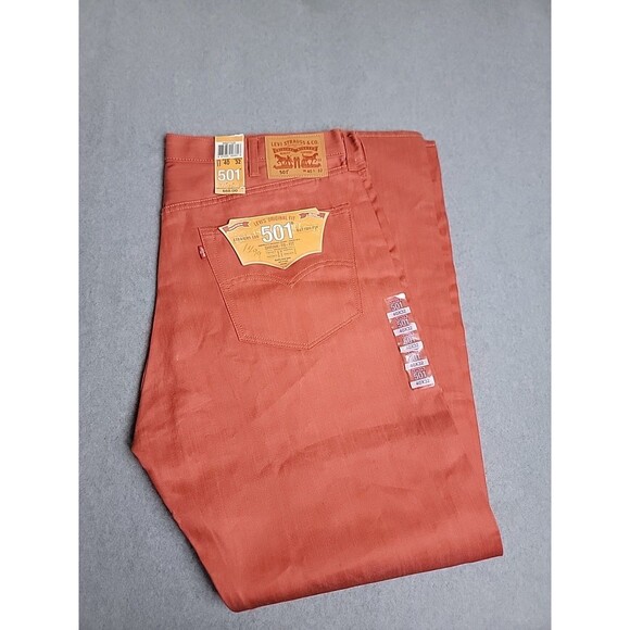 Levis Mens 501 Jeans 40x32 Straight Salmon Orange Button Fly High Rise Shrink - Picture 1 of 16